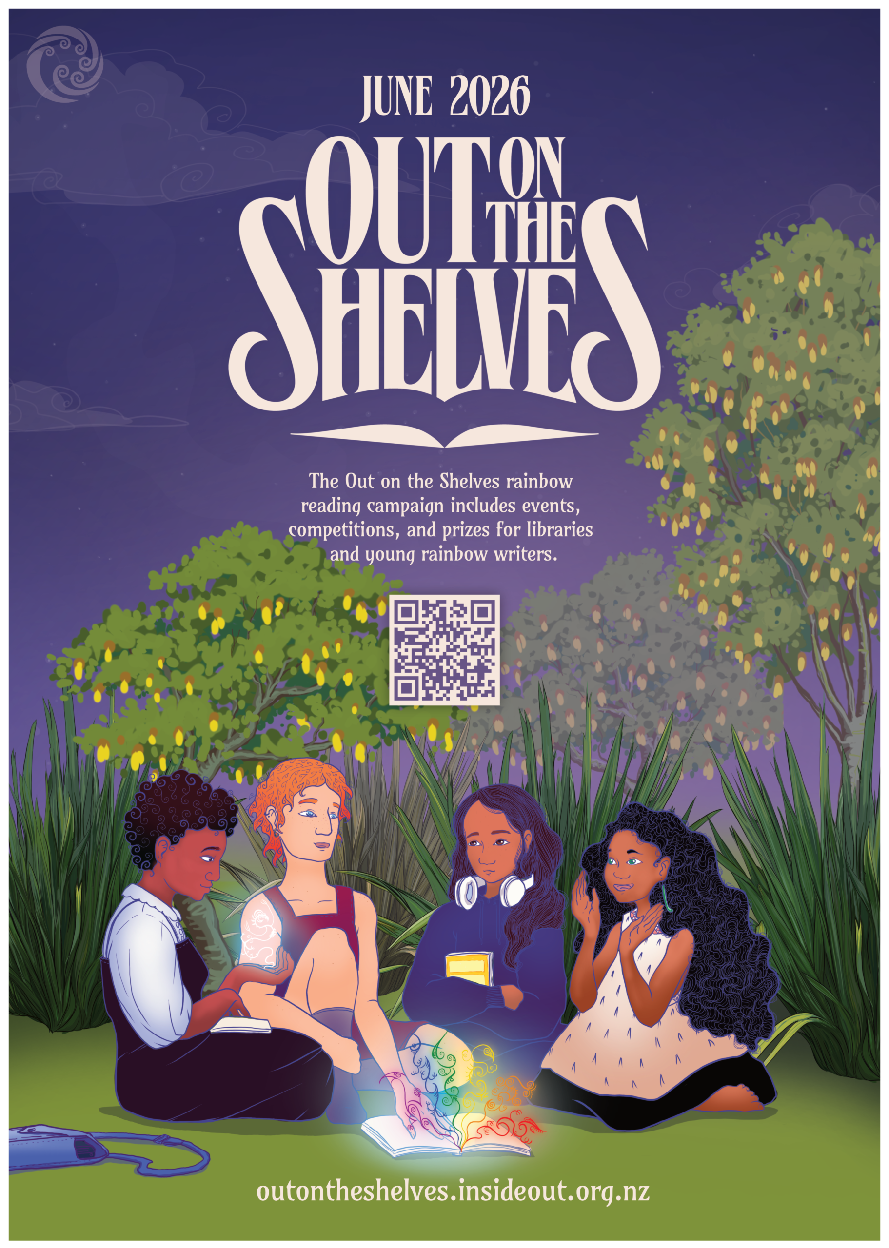 OOTS 2026 poster A poster advertising Out on the Shelves featuring a group of rangatahi sitting surrounded by kōwhai and harakeke reading a book.